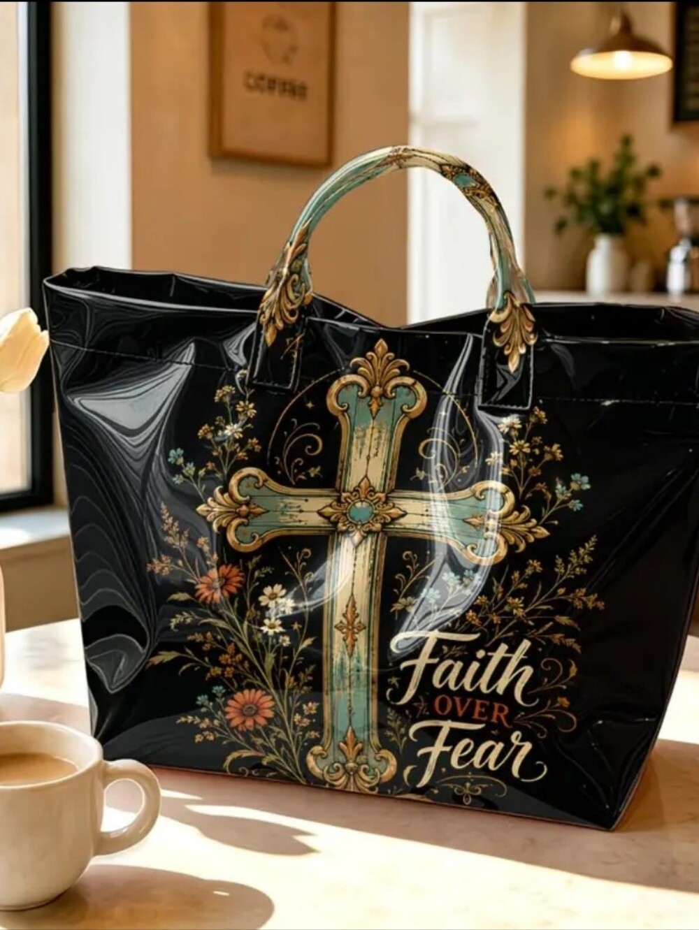 Inspirational Faith Over Fear PVV Tote Hand Bag Large Size